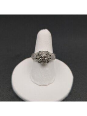 Size 6 Sterling Silver Diamond Halo Cluster with Milgrain Band Ring A7489